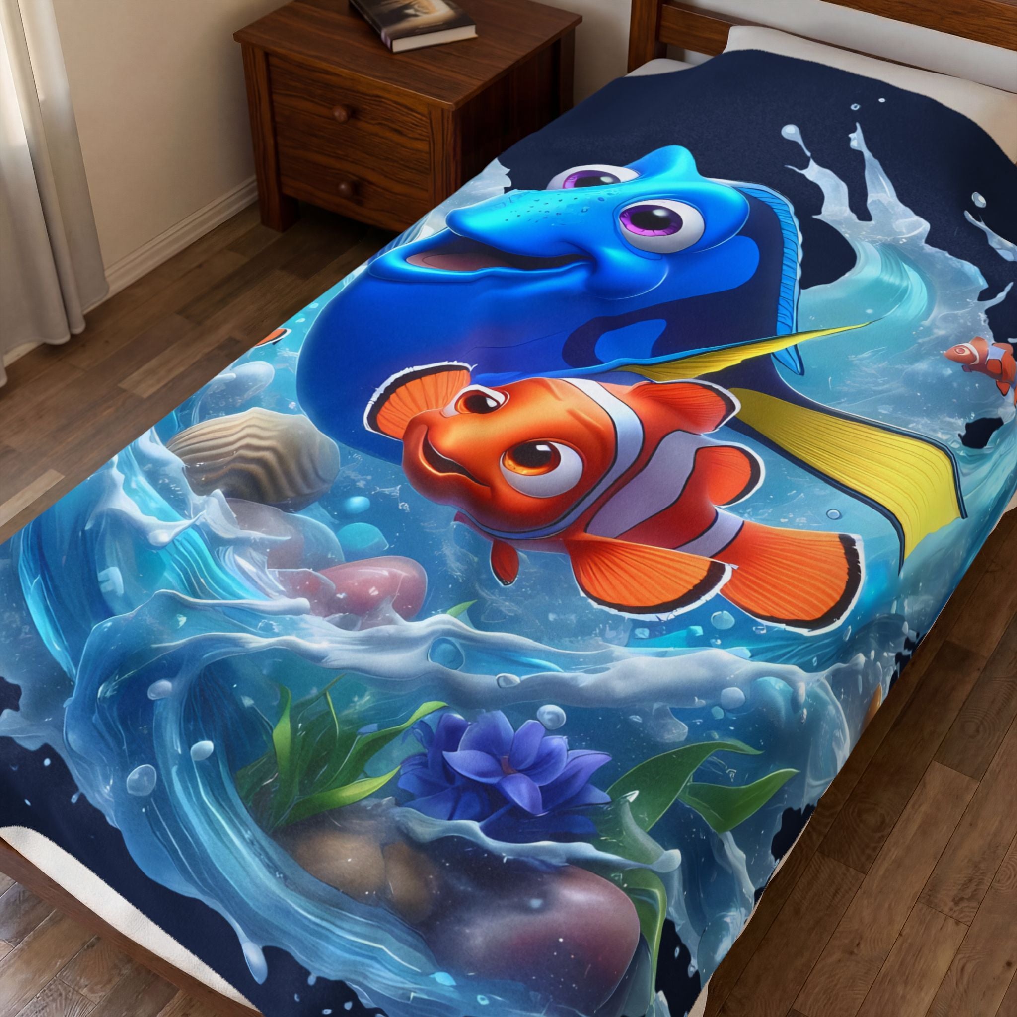 Finding Friends Velveteen Plush Blanket — Cute Blue Fish & Clownfish Kids Throw