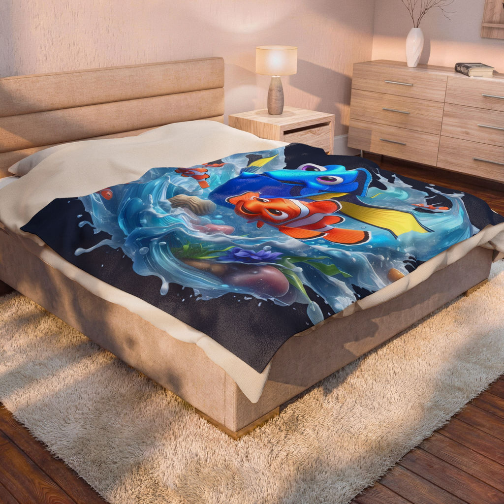 Finding Friends Velveteen Plush Blanket — Cute Blue Fish & Clownfish Kids Throw