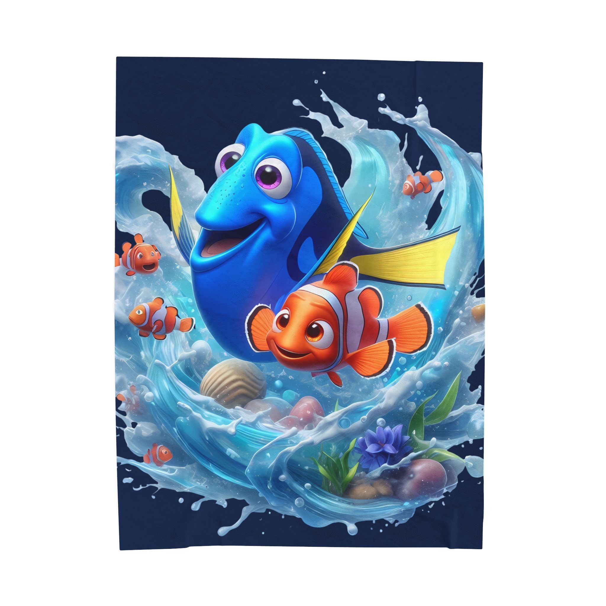 Finding Friends Velveteen Plush Blanket — Cute Blue Fish & Clownfish Kids Throw
